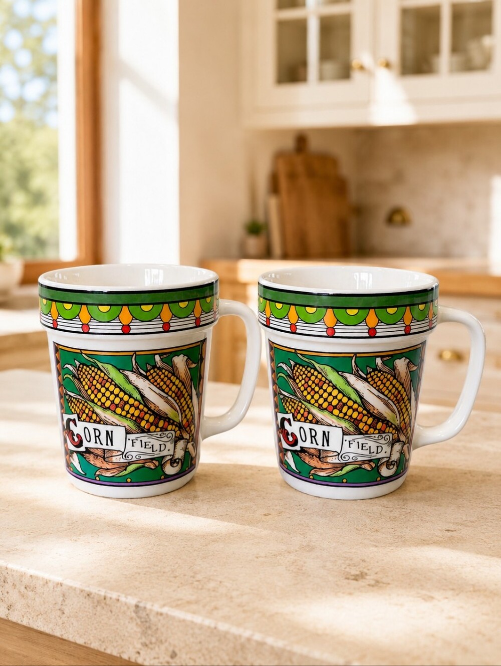 1996 Lisa Wehler Giftcraft Corn Field Mugs Pair Country Cupboard 8 oz